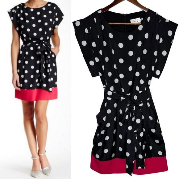 Eliza J Crepe Polka Dot Belted Mini Dress with Contrast Pink Trim, size 4 - Picture 1 of 6